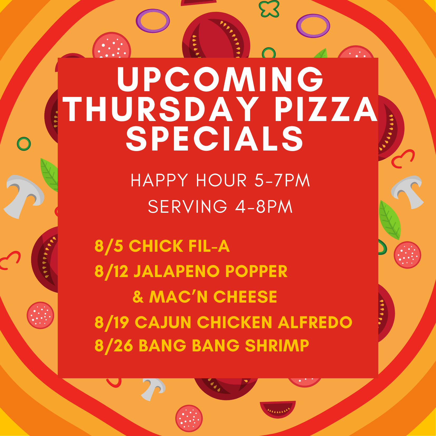 This weeks (7/29 & 7/30) restaurant specials & pizza specials